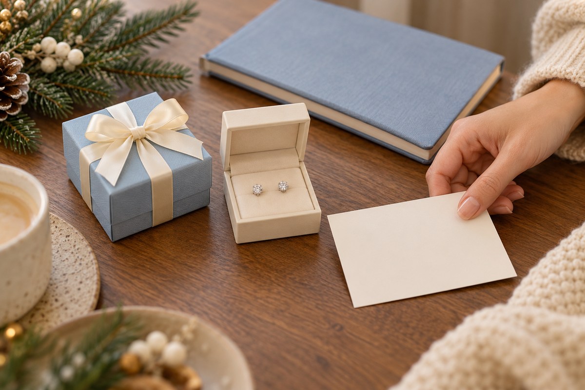 A blank gift card beside jewelry boxes and a pair of small crystal studs, with one adult hand.