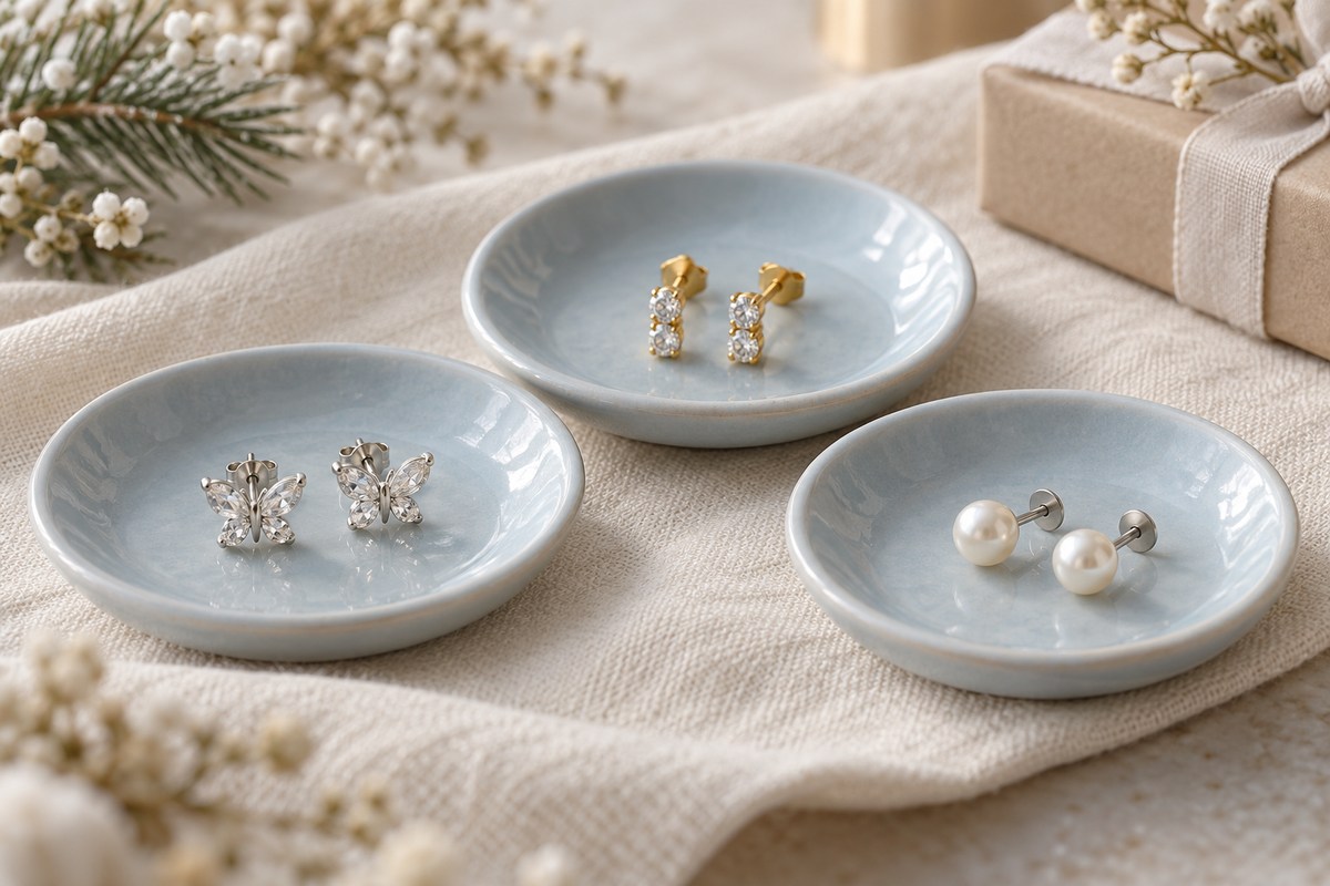Butterfly-front studs, gold-colored bar studs and pearl-front flat-back studs in separate blue dishes.
