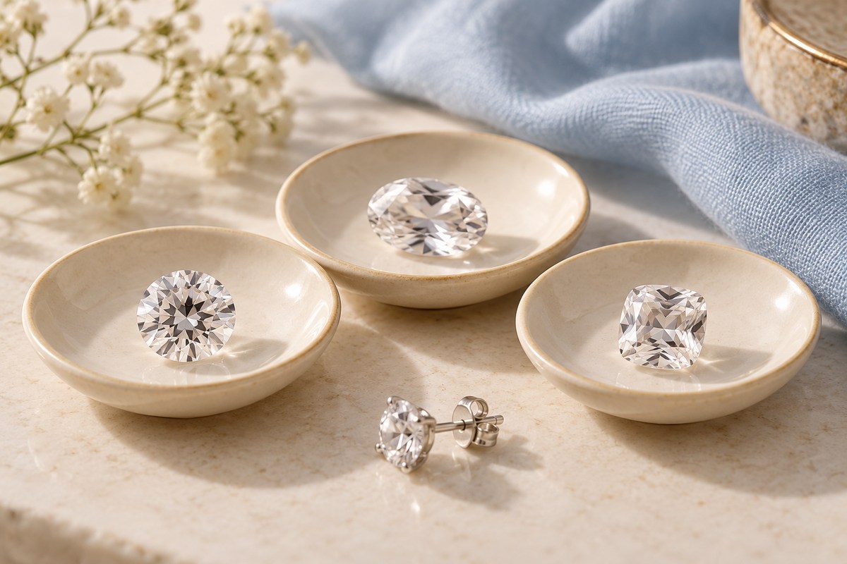 Three clear faceted stones on separate dishes with a clear-stone stud nearby.