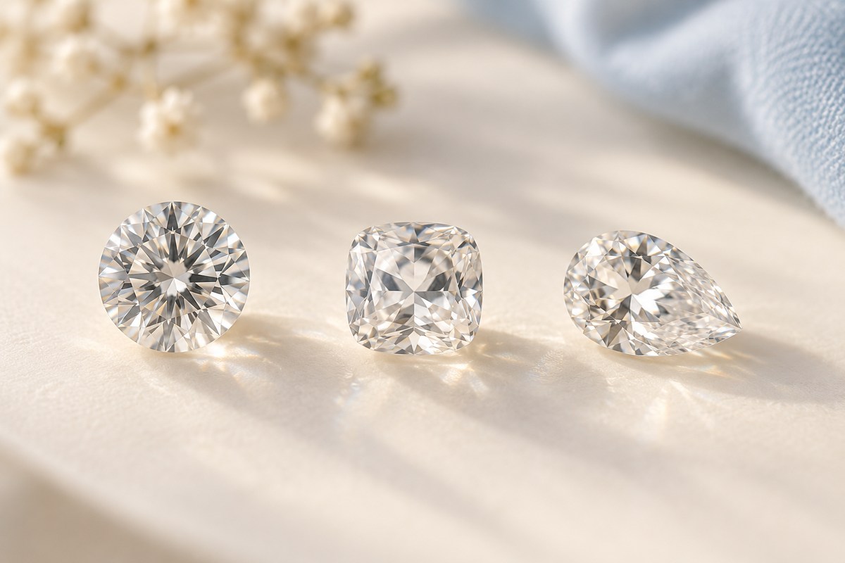 Three clear faceted stones in round, cushion-like and pear-shaped cuts on a cream surface.