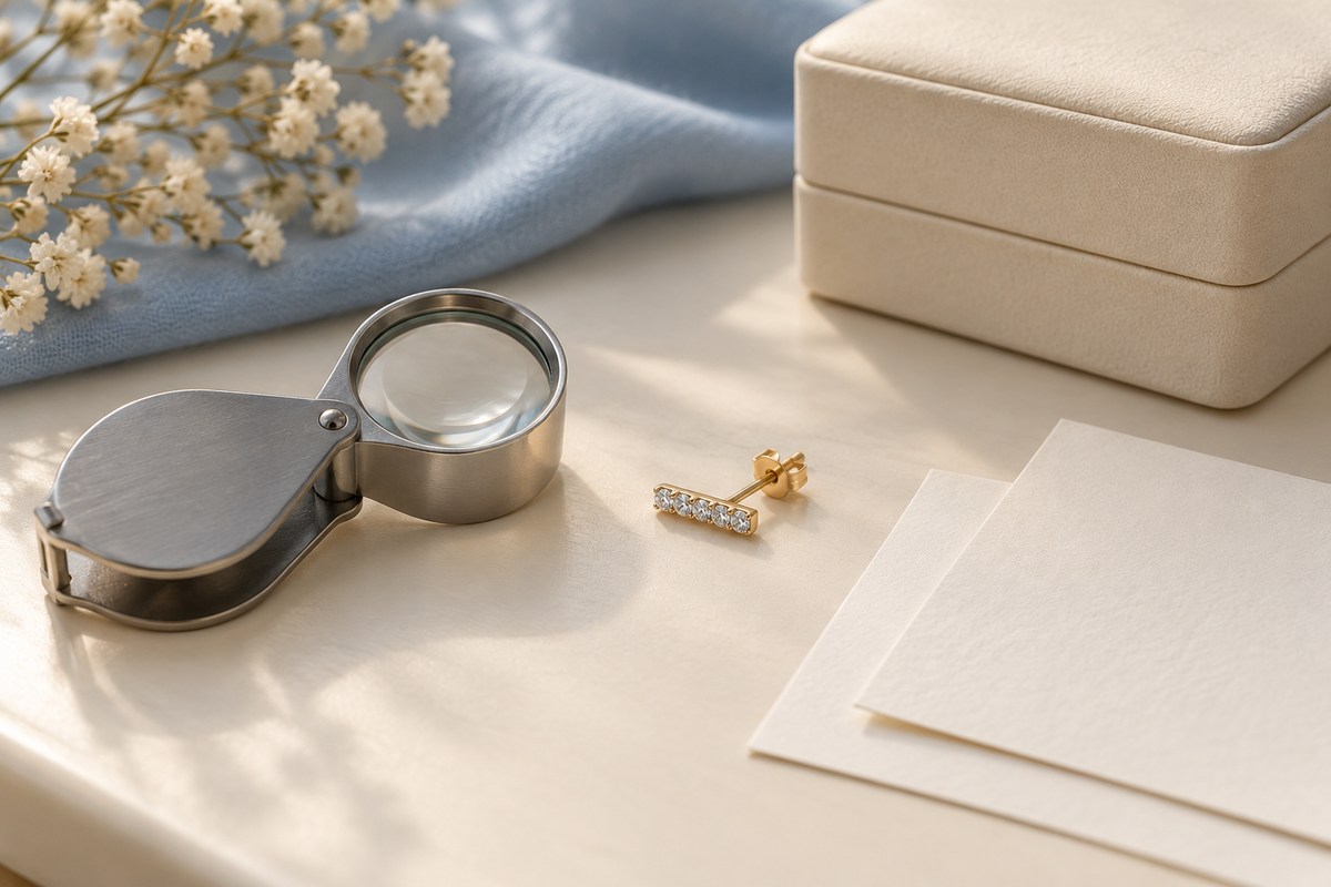 An open loupe, a small crystal-bar stud and blank cards beside a jewelry box.
