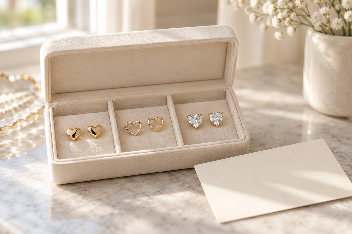 Three heart stud pairs stored separately in a cream jewelry box