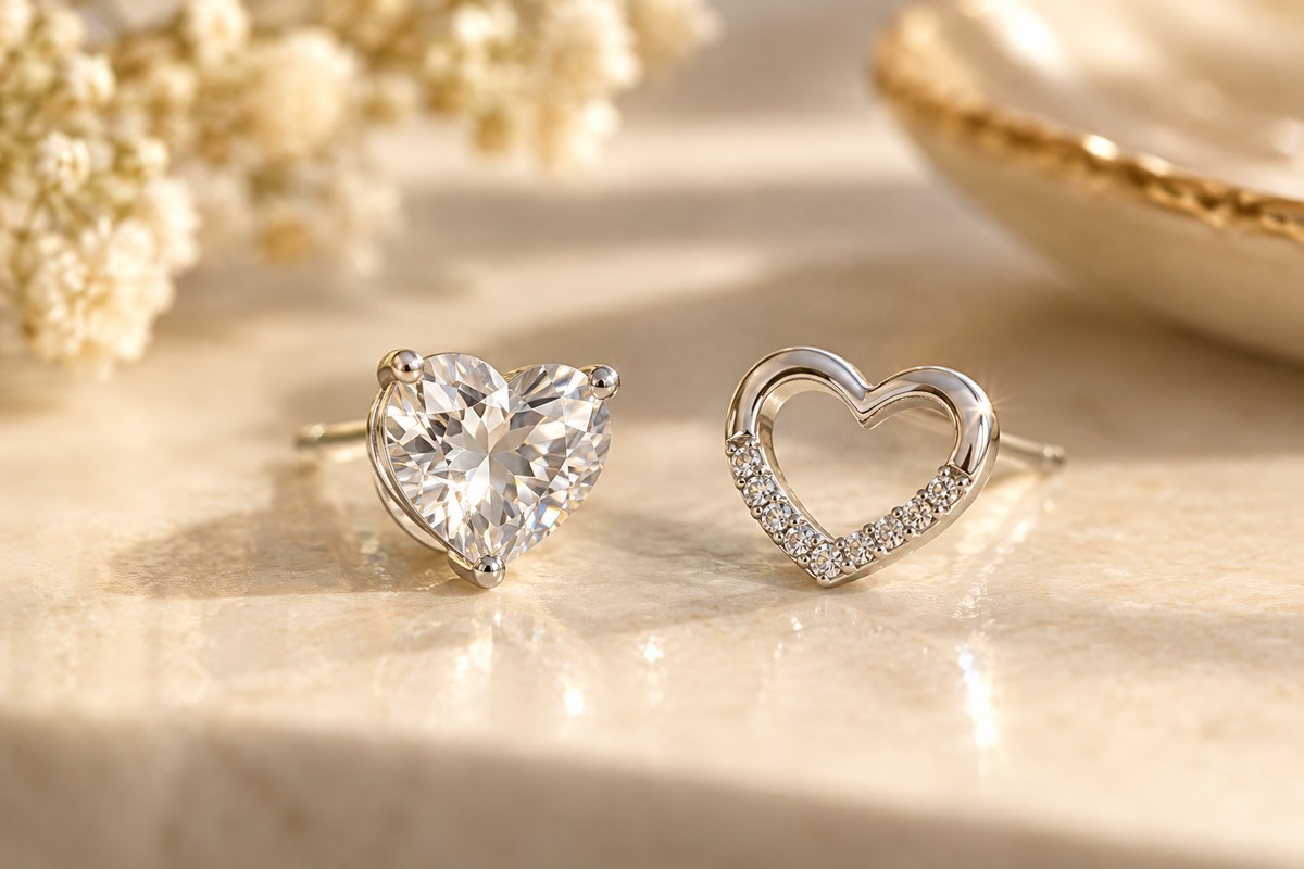 A faceted heart-shaped stone stud beside an open heart stud with small stones