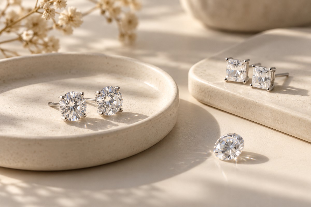 Clear-stone stud earrings on two ceramic trays beside a loose faceted stone