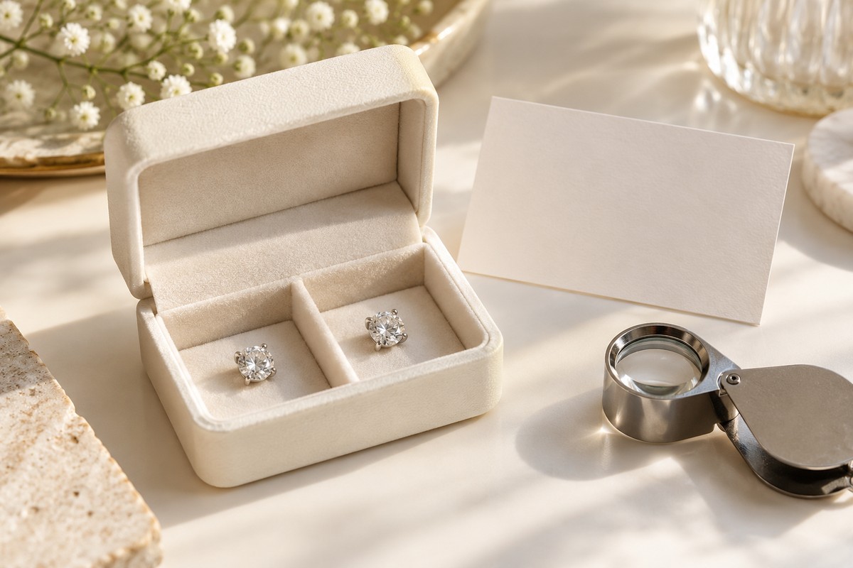 Clear-stone stud earrings in a jewelry box beside a blank card and loupe