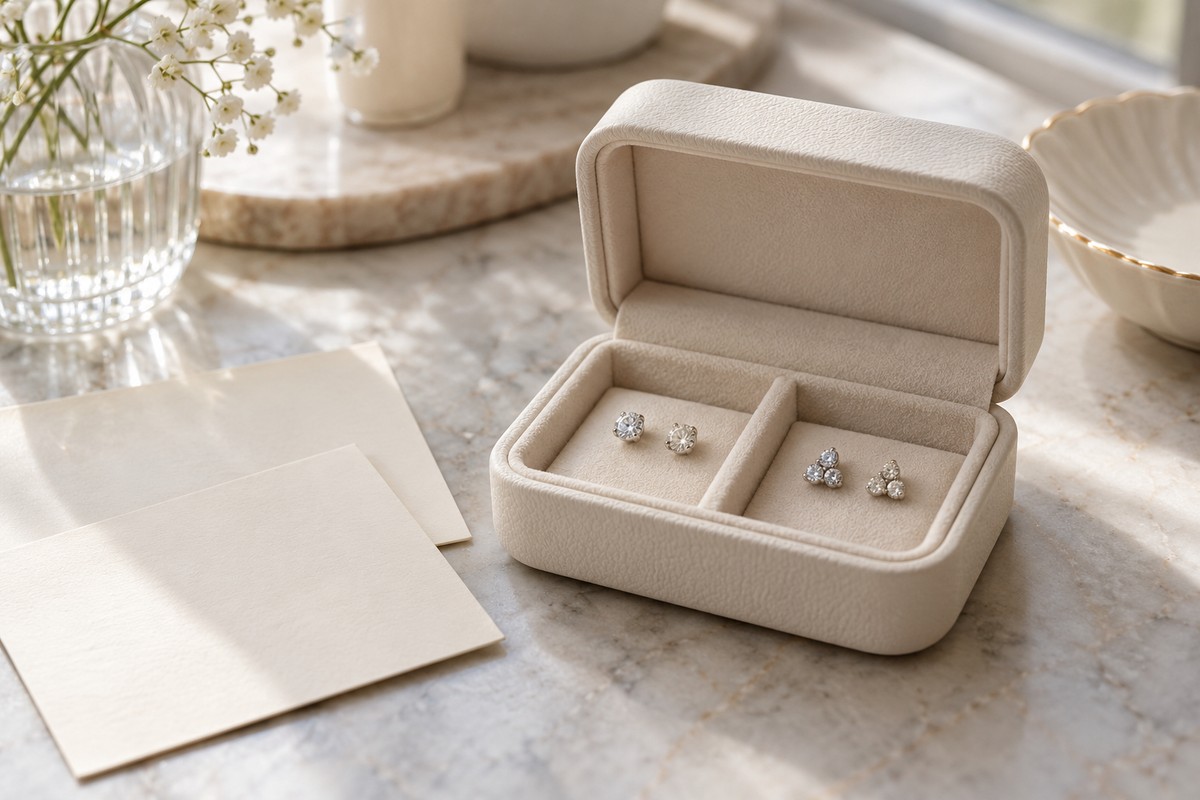 Single-stone and cluster stud pairs stored in separate jewelry-box compartments