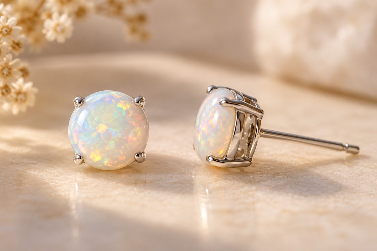 Front and side views of studs with milky iridescent centers