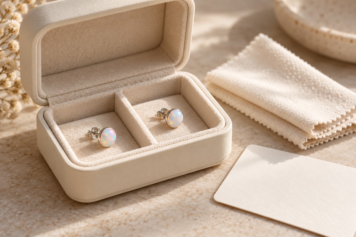 Iridescent stud earrings stored separately in a cream jewelry box