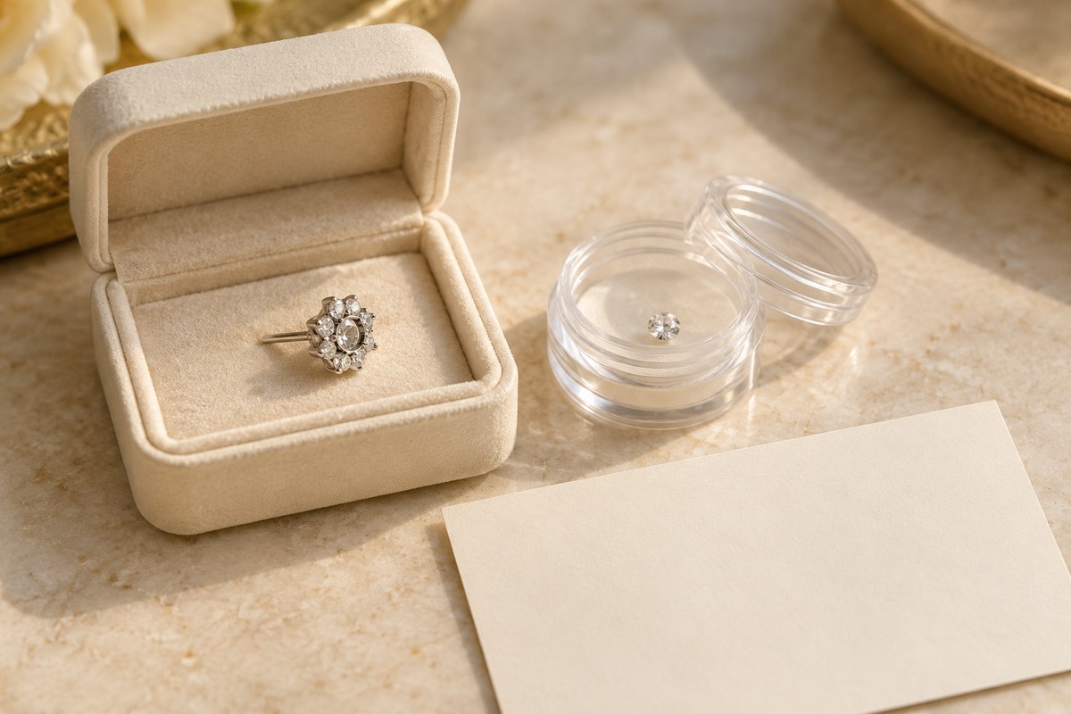 A stone-set stud in a jewelry box beside a small clear container holding a loose piece