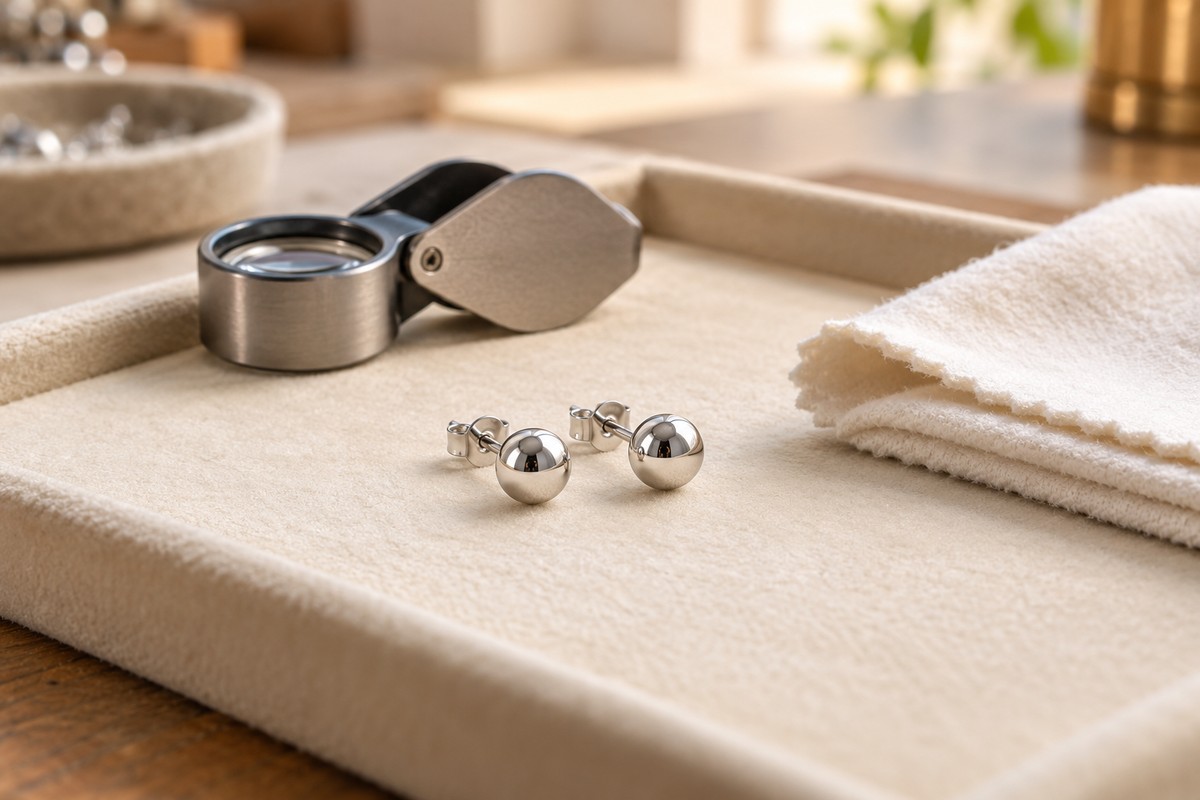 Silver-colored ball studs beside a jeweler's loupe and folded cloth