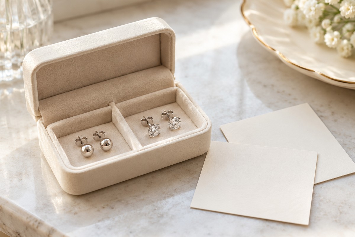Two stud pairs stored separately beside blank care cards
