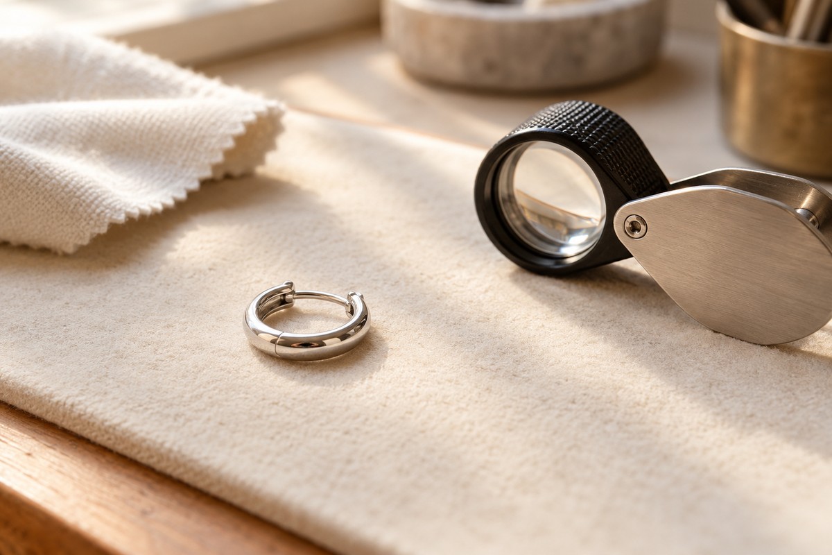 A small silver-colored hoop resting beside a loupe and folded cloth