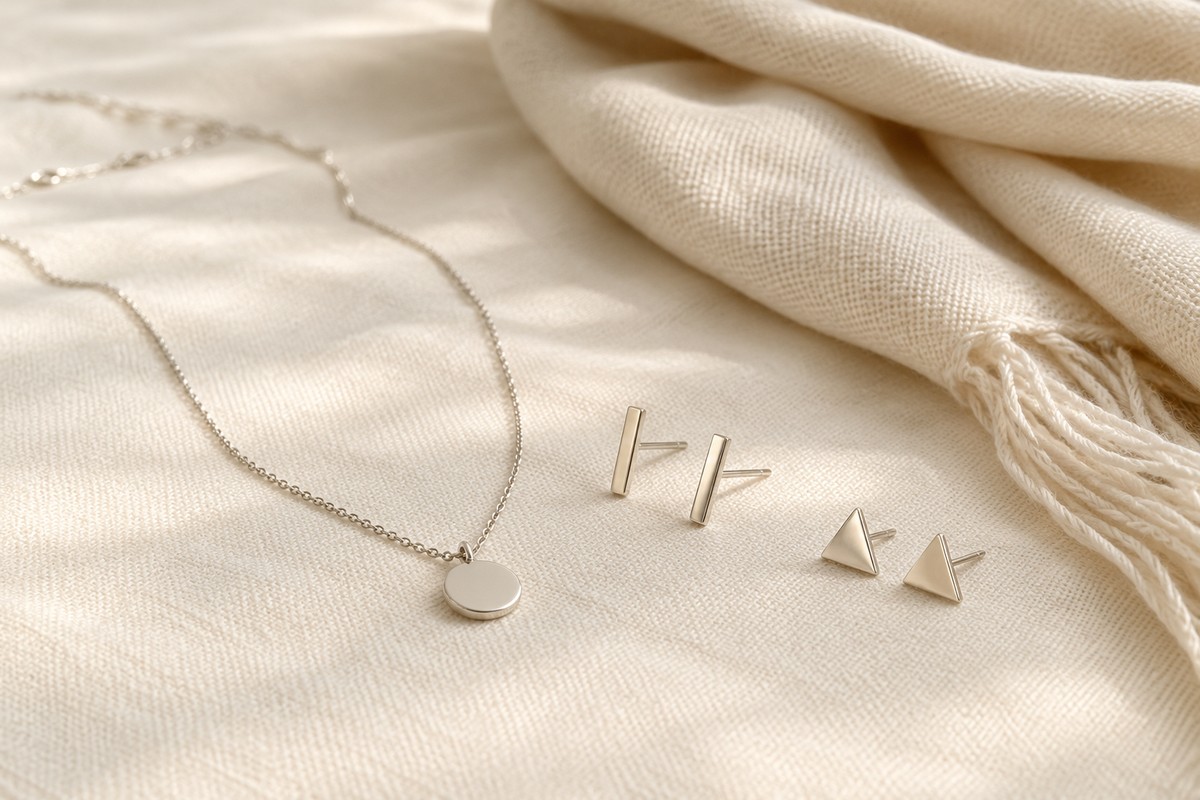 A necklace with bar and triangular studs laid separately beside a plain scarf