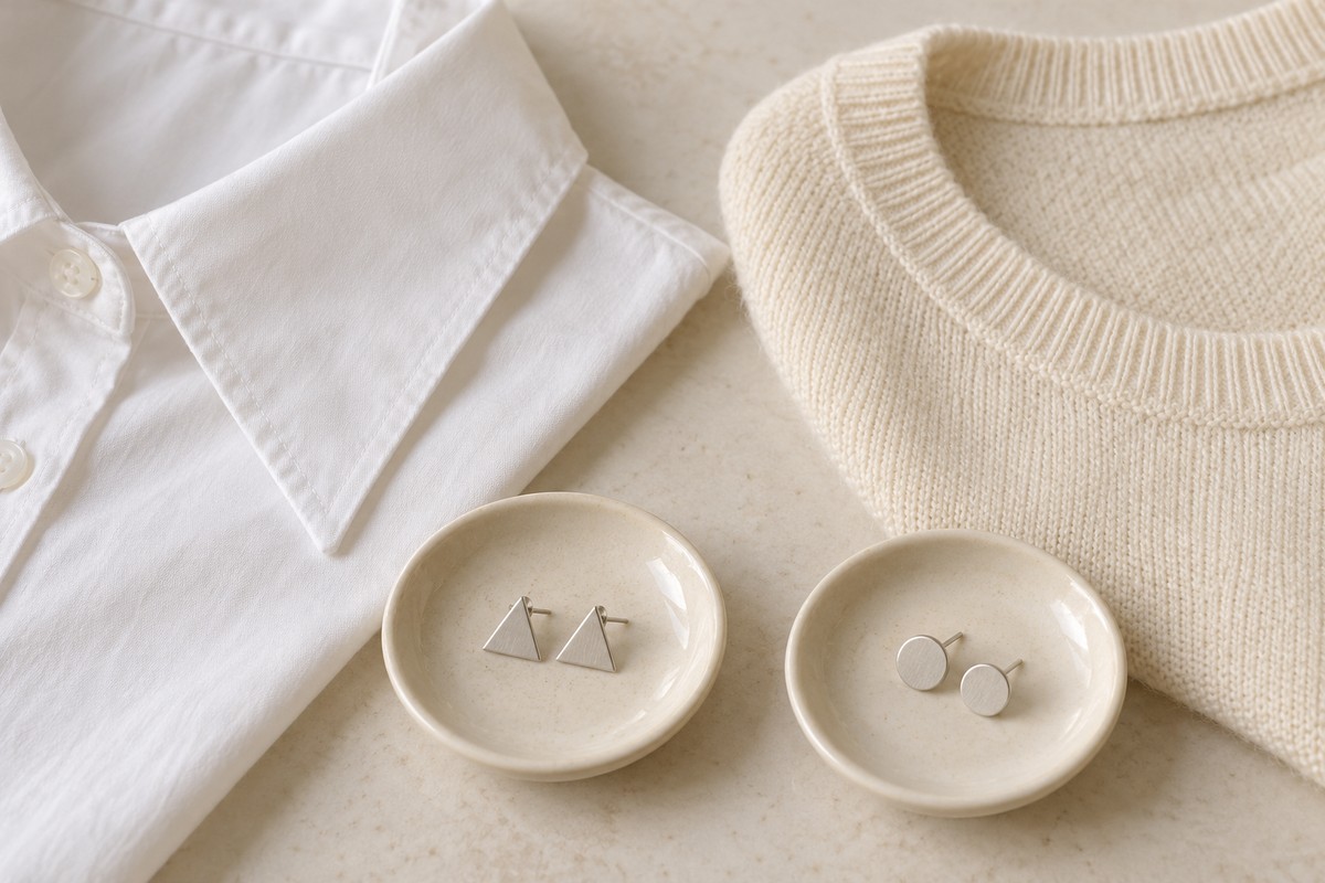 Pointed shirt collar and rounded knit neckline beside triangular and round studs