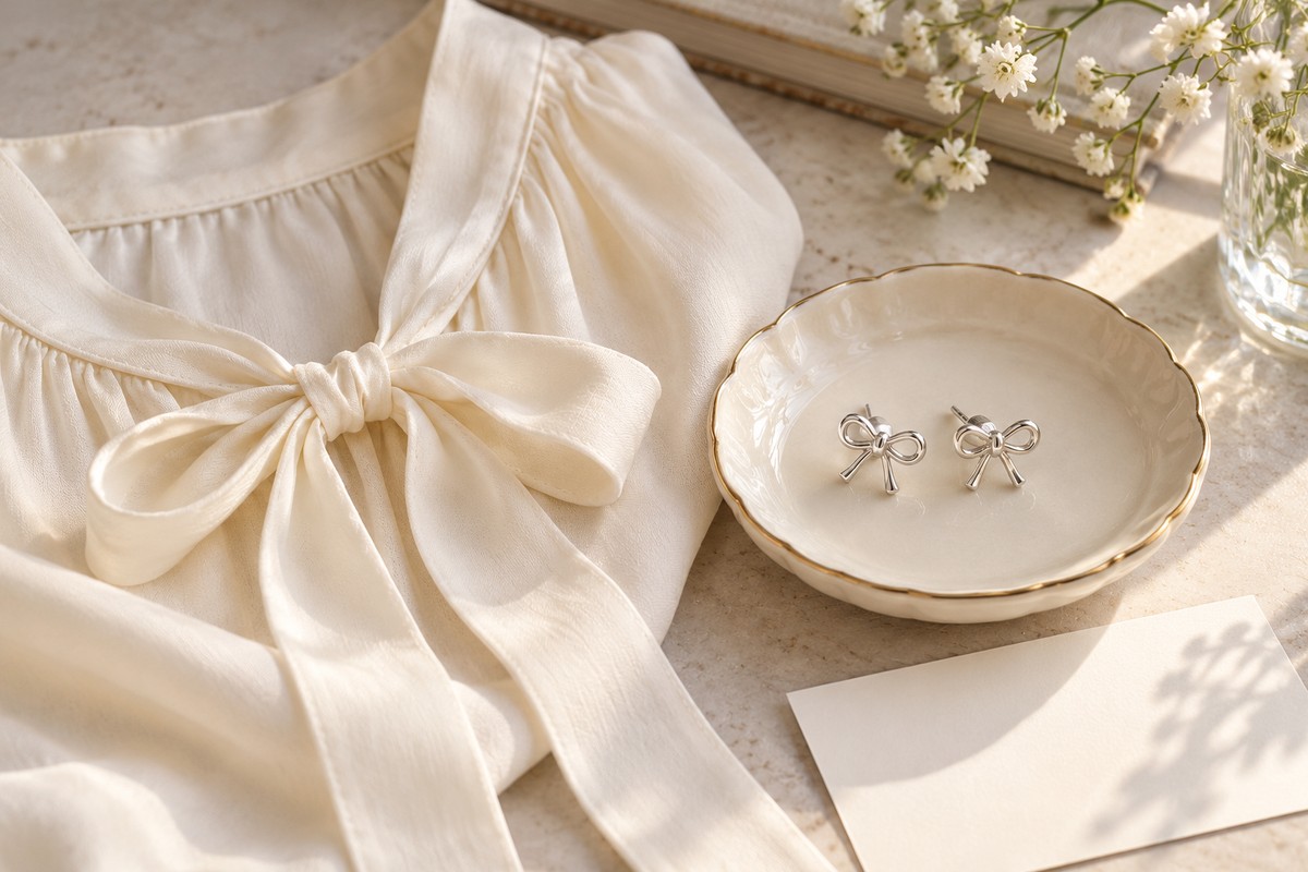 A tied blouse neckline with ribbon-bow studs and a blank note