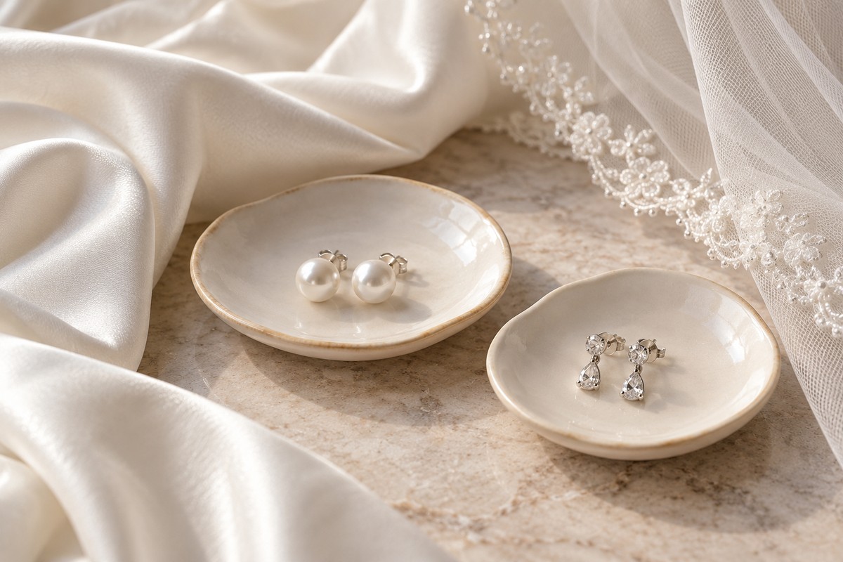 Pearl-look studs and small clear-stone drop earrings beside ivory satin and a veil edge