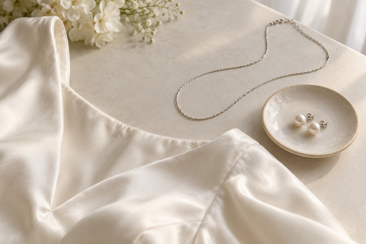 Ivory satin neckline with a necklace and pearl-look studs on a separate dish