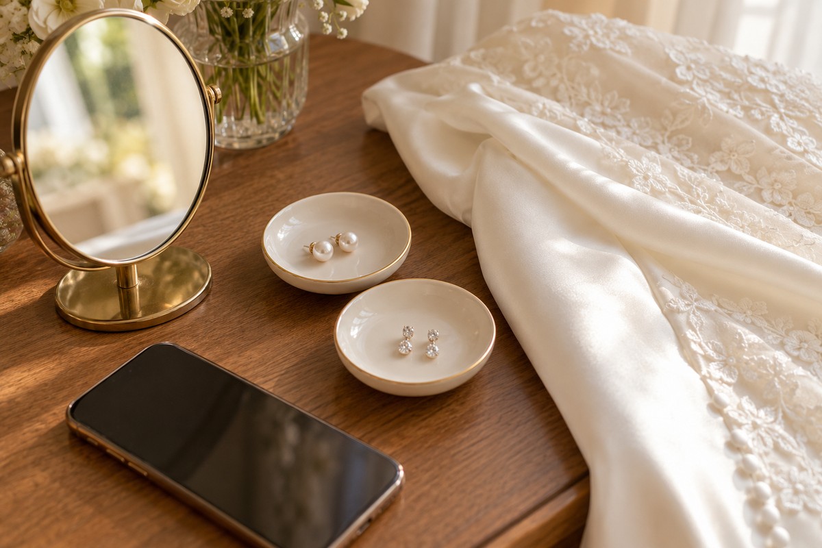 Mirror and blank-screen phone beside two earring dishes and folded bridal fabric