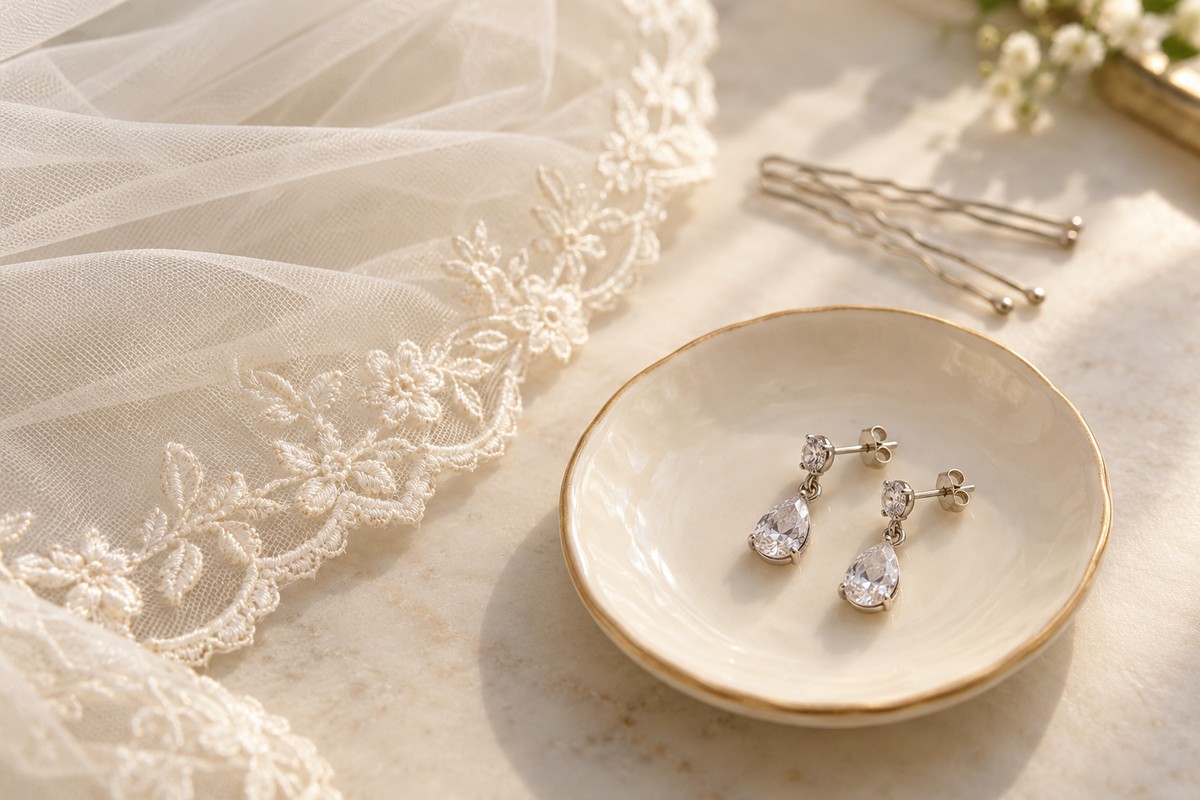 Clear-stone drop earrings beside a veil edge and plain hairpins