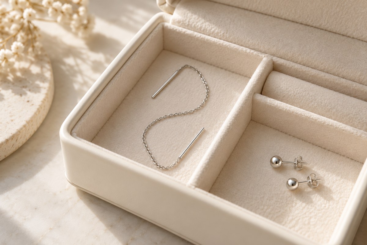 A fine silver-colored chain and small studs stored in separate sections of a cream jewelry box.