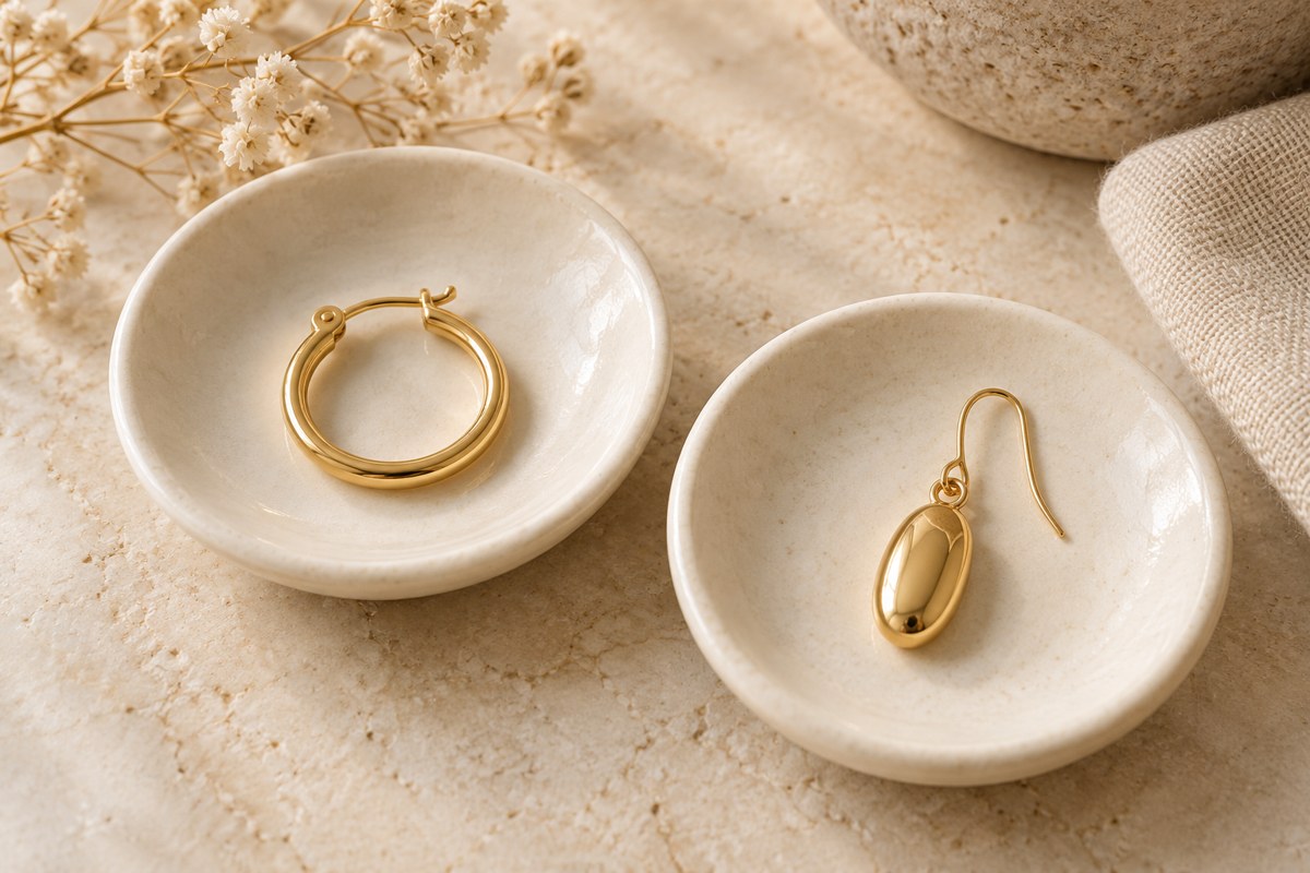 A gold-colored hoop and a hook drop earring in separate cream dishes.