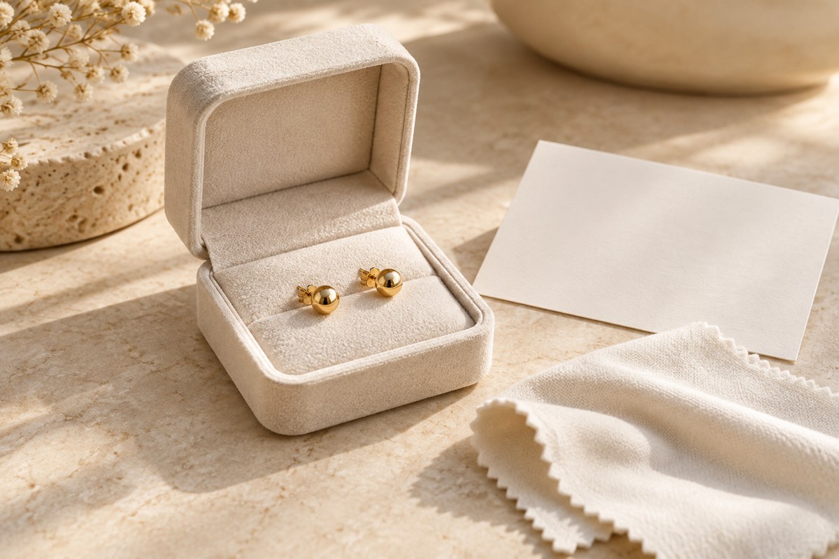 Small gold-colored studs in an open jewelry box beside a blank card and soft cloth.