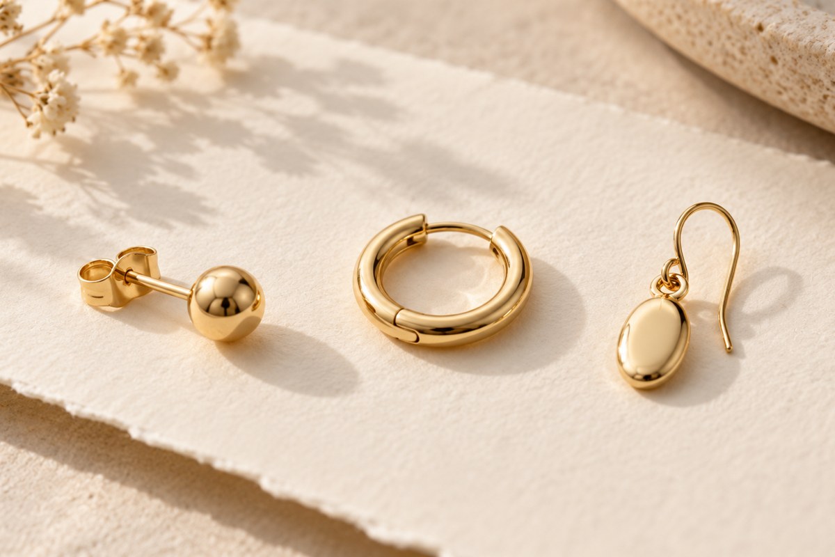 A gold-colored ball stud, hoop and hook drop earring on cream fabric; generic jewelry illustration.