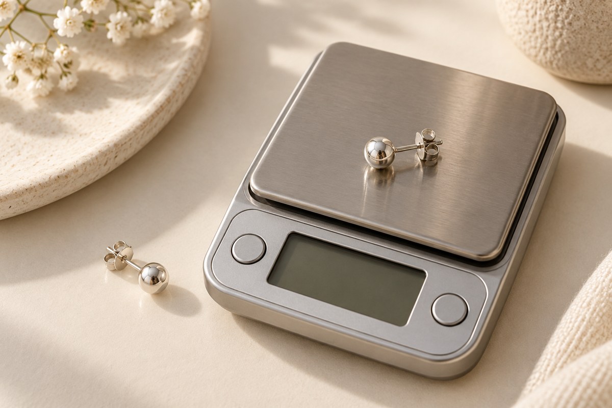 A small stud on a jewelry scale with a blank display and another stud nearby.