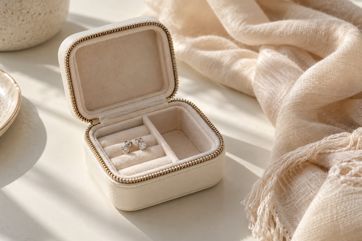 Small silver-colored earrings inside an open cream travel jewelry box.