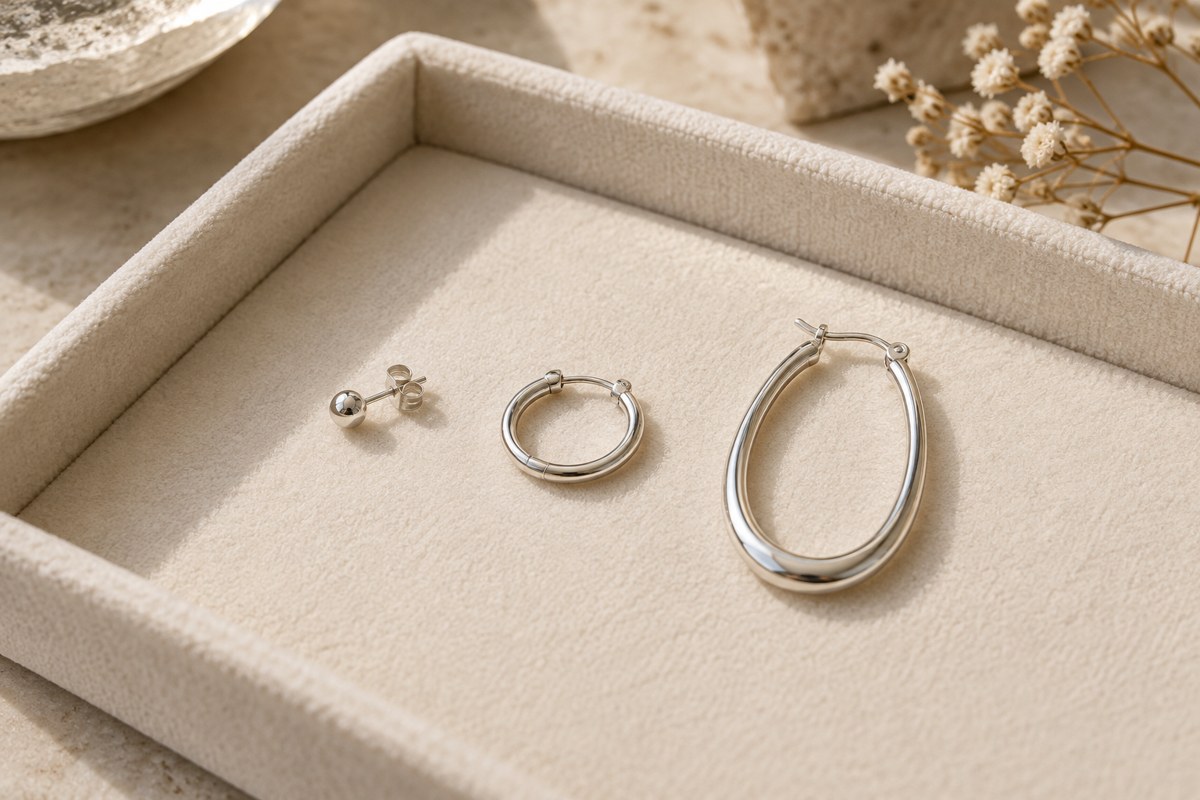 A small stud and two differently sized silver-colored hoops in a cream tray; generic jewelry illustration.