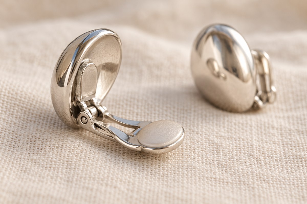 A close view of a smooth contact pad on the back of a clip-on earring.