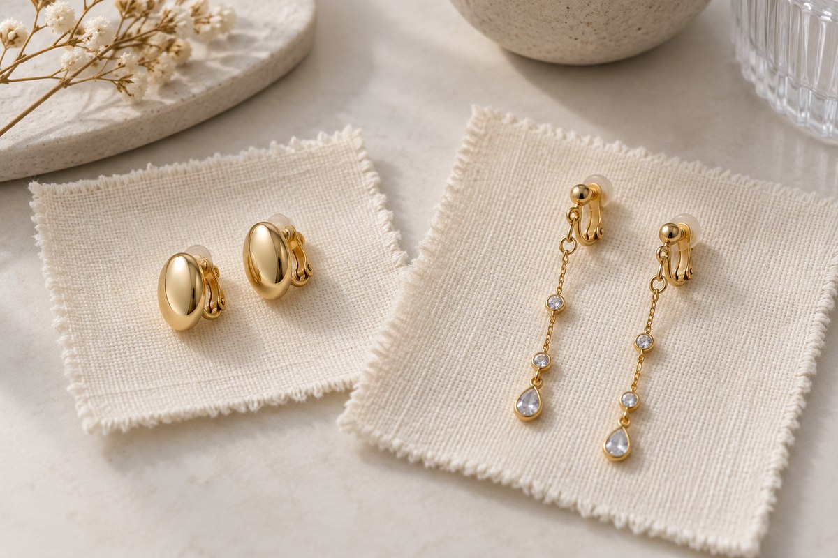 A small oval clip-on earring beside a longer drop clip-on design.