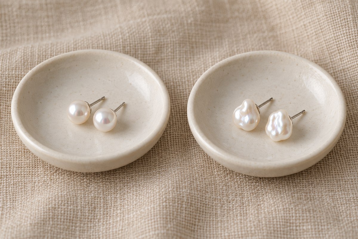 Round and irregular white pearl-like stud earrings arranged in two shallow trays.