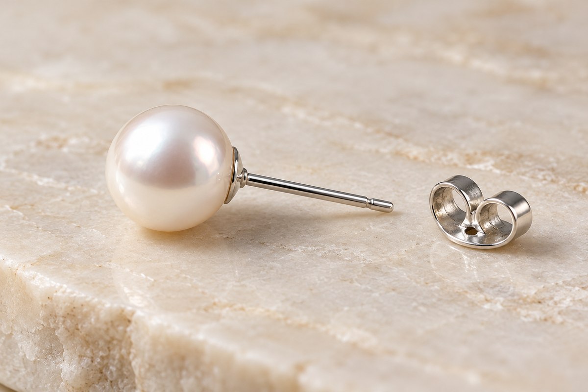 A white pearl-like stud lying on its side with a silver-colored post and a separate butterfly back.