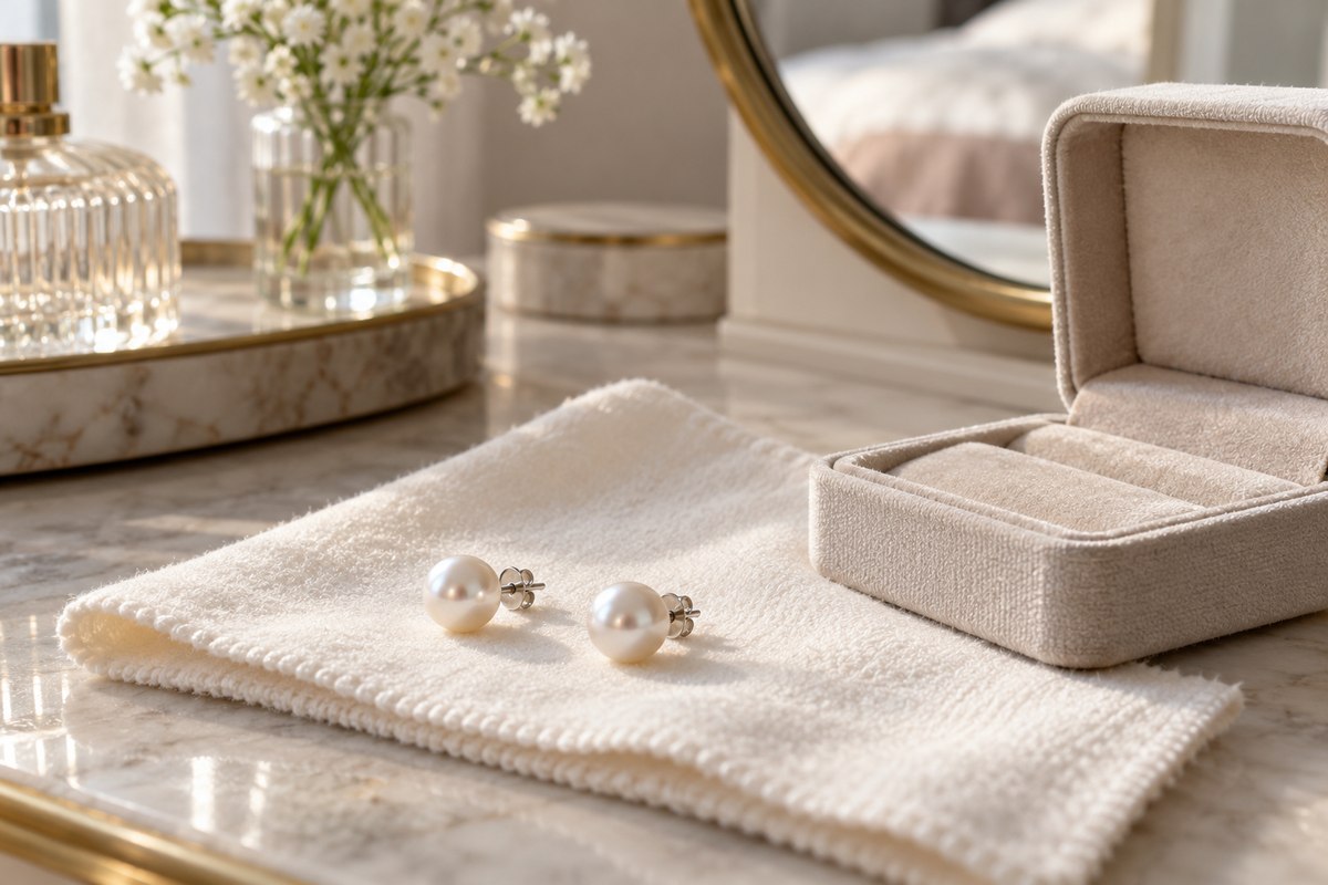 White pearl-like stud earrings resting on a soft cloth beside an open jewelry box.