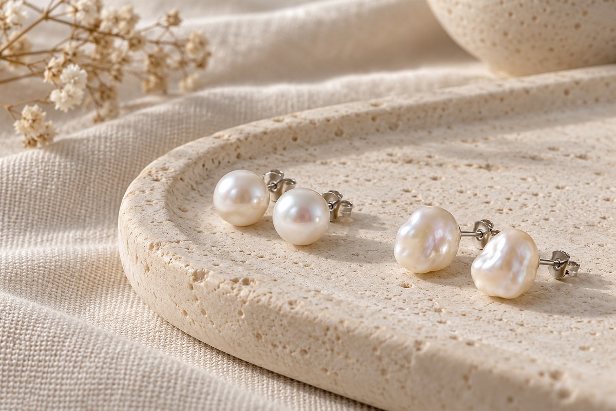 Round and irregular white pearl-like stud earrings on a pale stone tray.