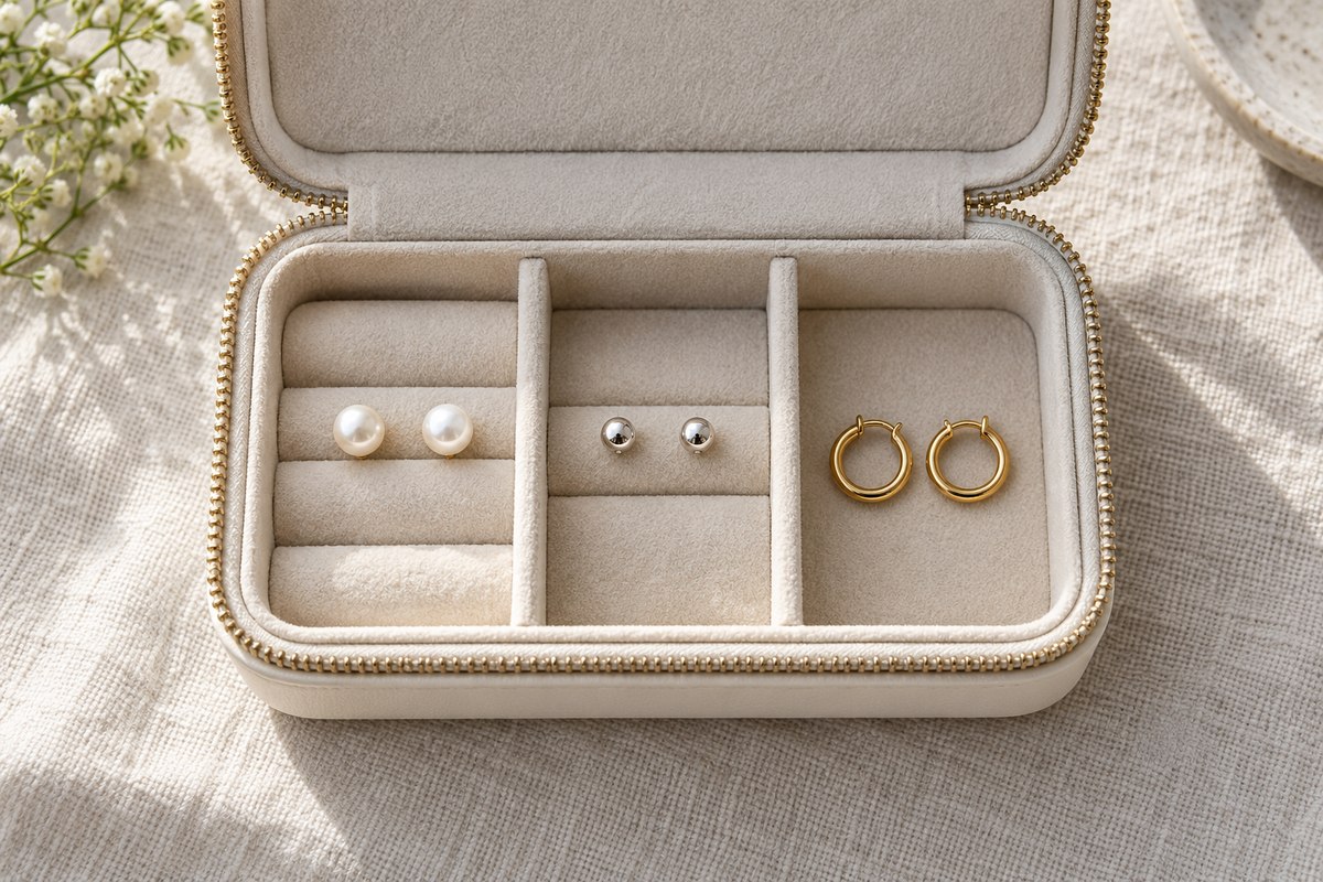 Stud earrings and hoops arranged in separate sections of an open jewelry case.