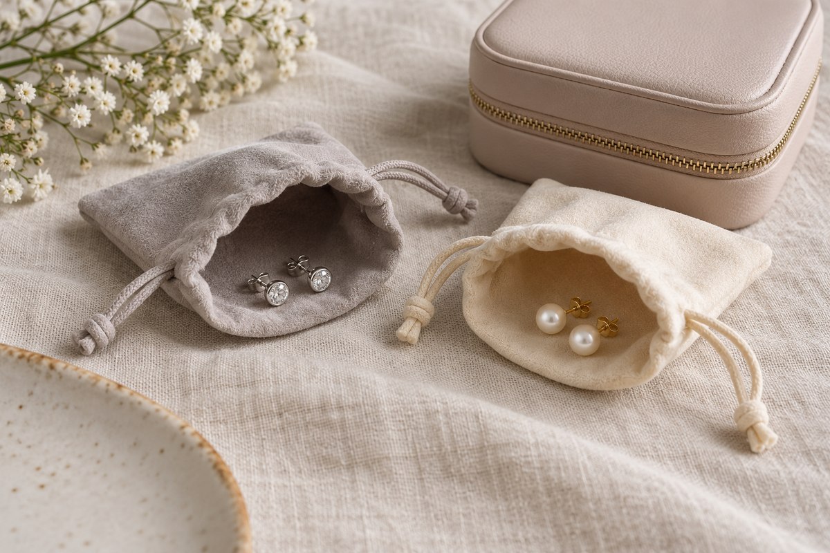 Two small cloth pouches holding separate pairs of stud earrings.