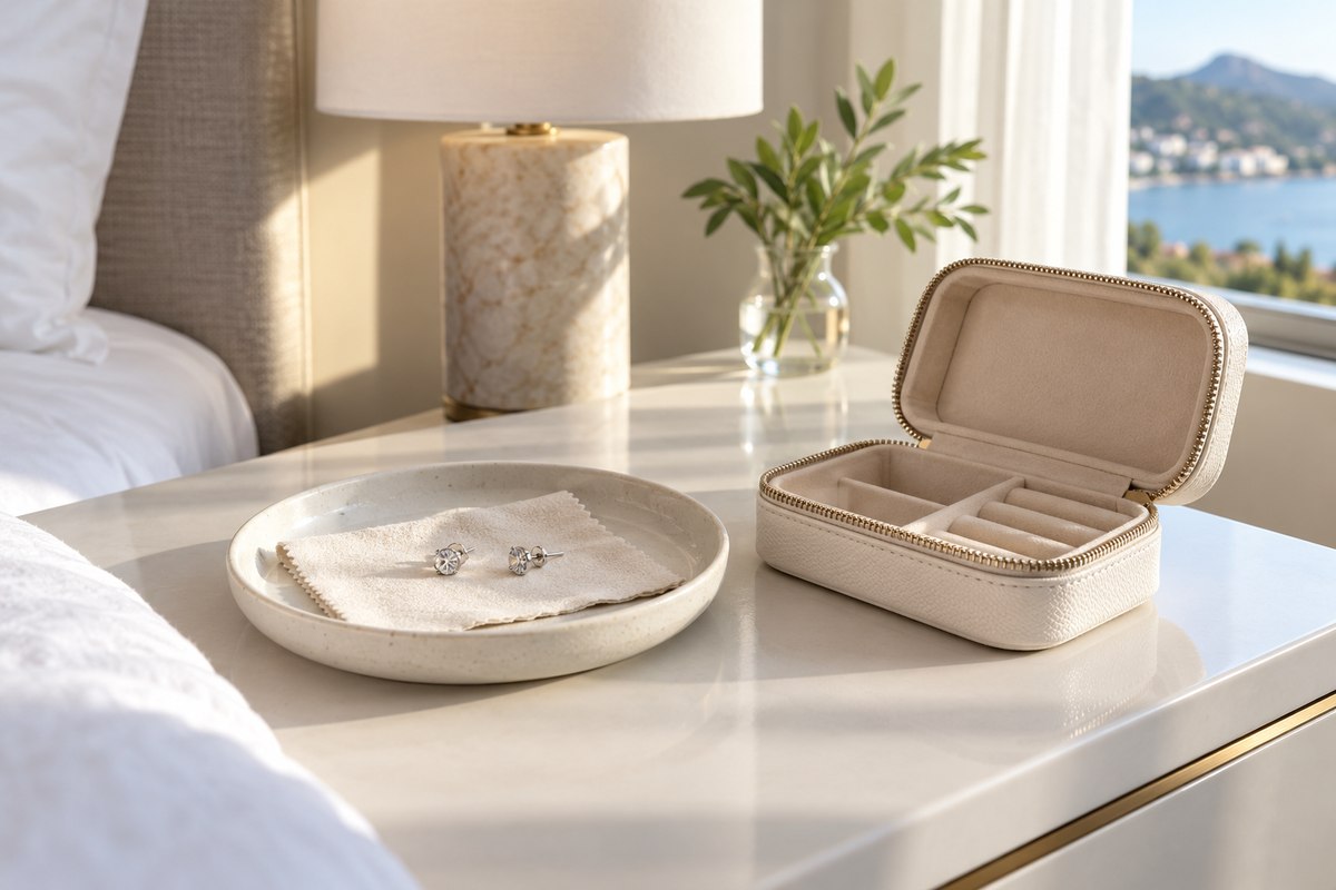 An open earring case and a small jewelry tray on a clear tabletop.
