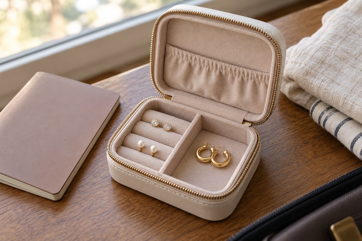 An open cream travel jewelry case holding separate pairs of studs and small hoops.